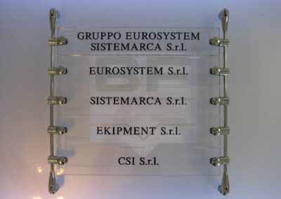 composizione di targhe per società in plexiglass intercambiabili fissate per mezzo di pinze su astine in ottone cromato